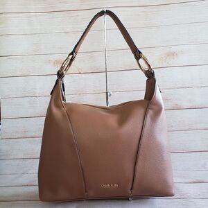 Calvin Klein Pebbled Faux Vegan Leather Ivy Novelty Hobo Satchel Caramel